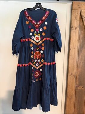 Navy Midi Dress with Multicolor Floral Embroidery